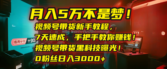 月入5万不是梦！视频号带货新手教程，7天速成，手把手教你赚钱！视频号带货黑科技曝光！0粉丝日入3000+-会创网