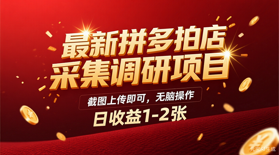 最新拼多多拍店采集调研项目，截图上传即可，无脑操作，日收益1-2张-会创网